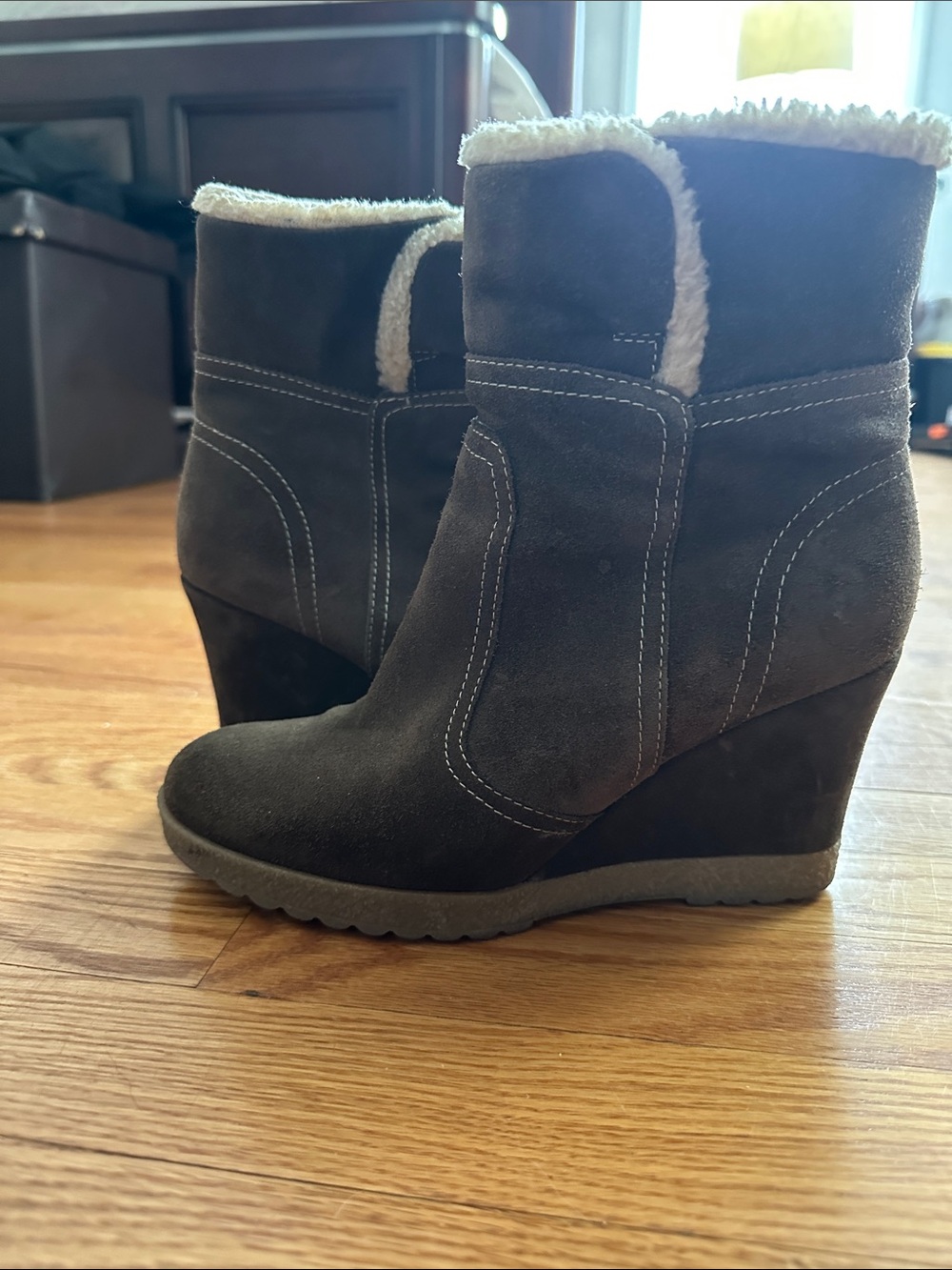 Aquatalia Dark Brown Suede Shearling-Lined Wedge Ankle Boots